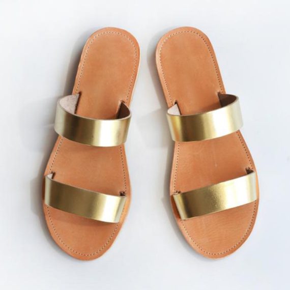 Sliders | Womens  Gold Twin Strap Basic Leather Sandals Sandals Gold