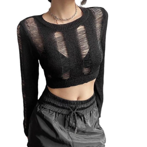 Tops | Womens  Black Laddering Knit Long Sleeve Crop Top Clothing Black