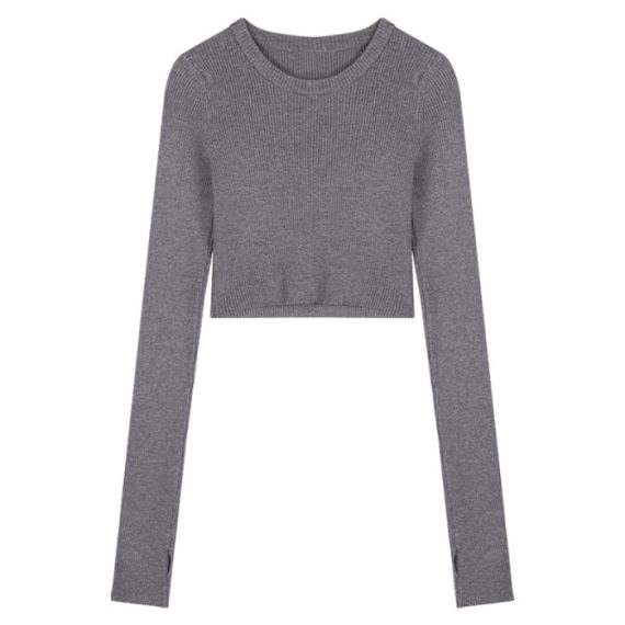 Tops | Womens  Charcoal Structured Contour Ribbed Round Neck Long Sleeve Crop Top Clothing Charcoal Grey