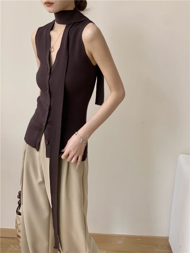 Tops | Womens  Chocolate Ribbed Asymmetric Button Detail Vest Top Clothing Chocolate