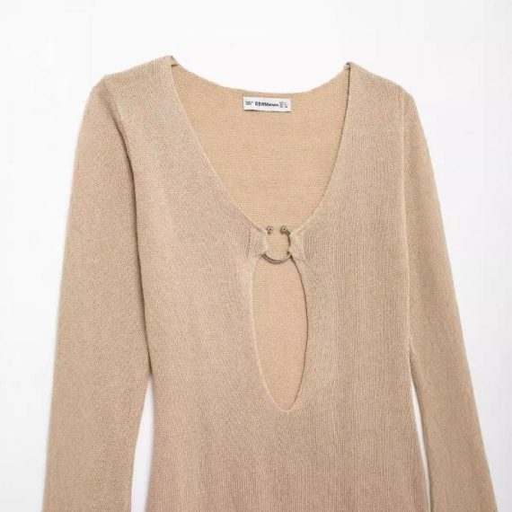 Tops | Womens  Oatmeal Rib Knit O Ring Long Sleeve Top Clothing Knitwear