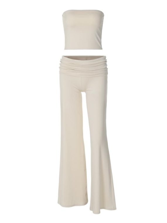 Trousers | Womens  Cream Soft Touch Fold Over Waist Flared Trousers Clothing Cream