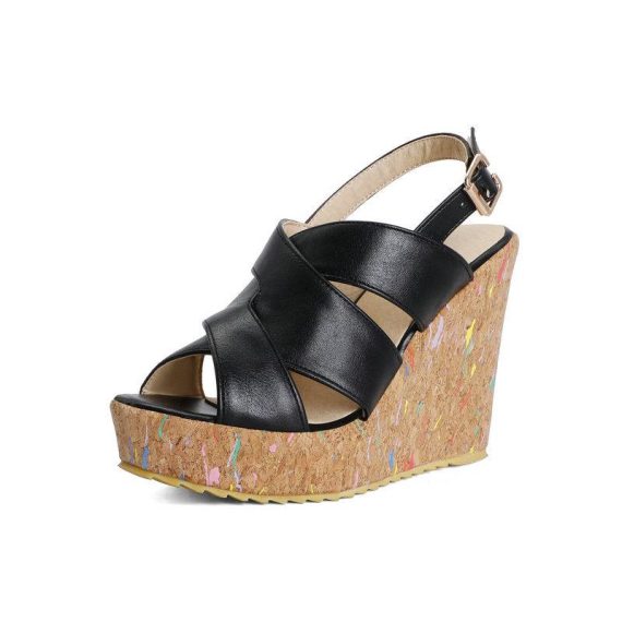 Wedges | Womens  Black Pu Square Toe Cross Strap Heeled Wedges Shoes Black