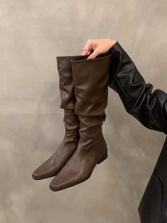 Wide Fit Shoes | Womens  Chocolate Wide Fit Pu Square Toe Knee High Block Heeled Boots Shoes Chocolate