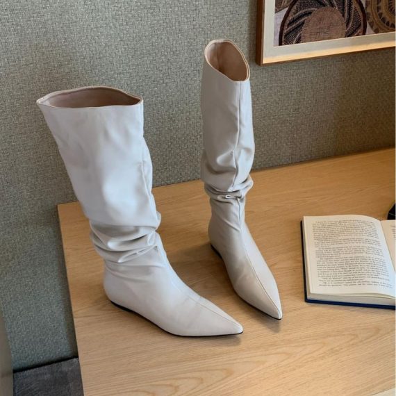 Wide Fit Shoes | Womens  Cream Pu Wide Fit Gathered Low Heel Knee High Boots Shoes Cream