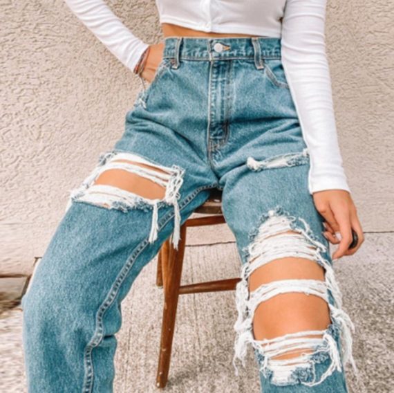 Jeans | Womens  Prettylittlething Plus Mid Blue Ripped Straight Leg Jeans Clothing Jeans