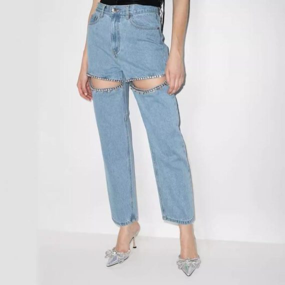 Jeans | Womens  Tall Mid Blue Wash Diamante Cut Out Detail Mid Rise Straight Leg Jeans Clothing Jeans